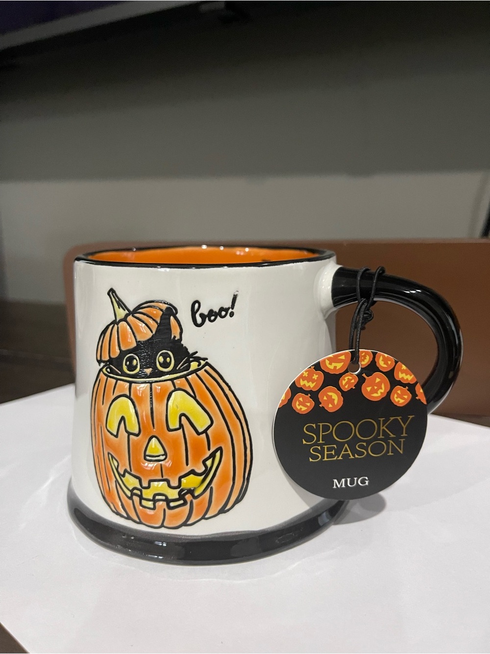 Spooky Season Pumpkin & Cat Ceramic Mug - Orange/Black